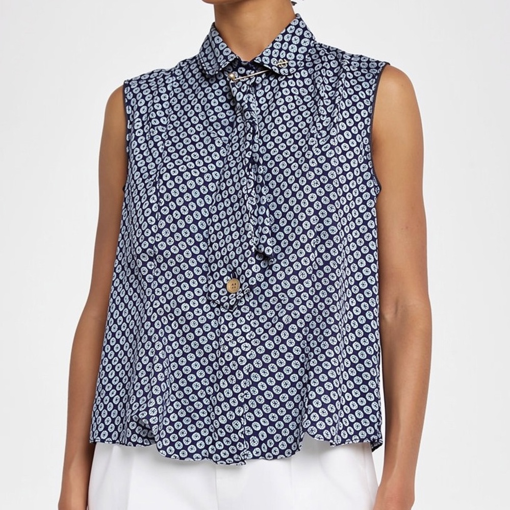 Vintage CHANEL Boutique Sleeveless Geometric Tie-Neck Blouse